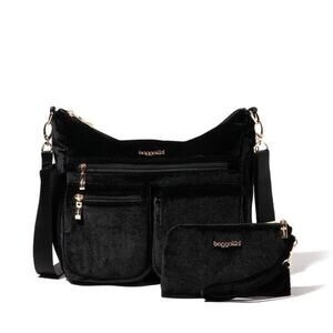 Baggallini Modern Everywhere Bag In Black Velvet With Gold Hardware